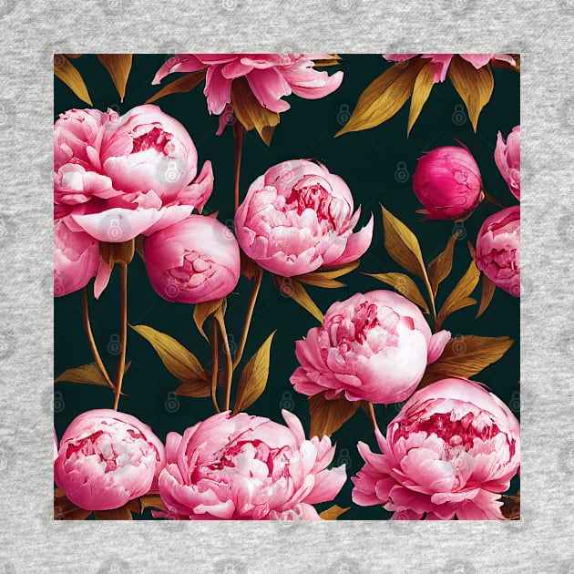 Pretty Pink Peony Flower Pattern on Black Background by VintageFlorals